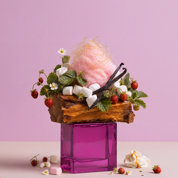 Duftnoten von gillie Cotton Candy mit Erdbeeren, Marshmallows, Vanille und süßen Akzenten auf rosafarbenem Hintergrund.