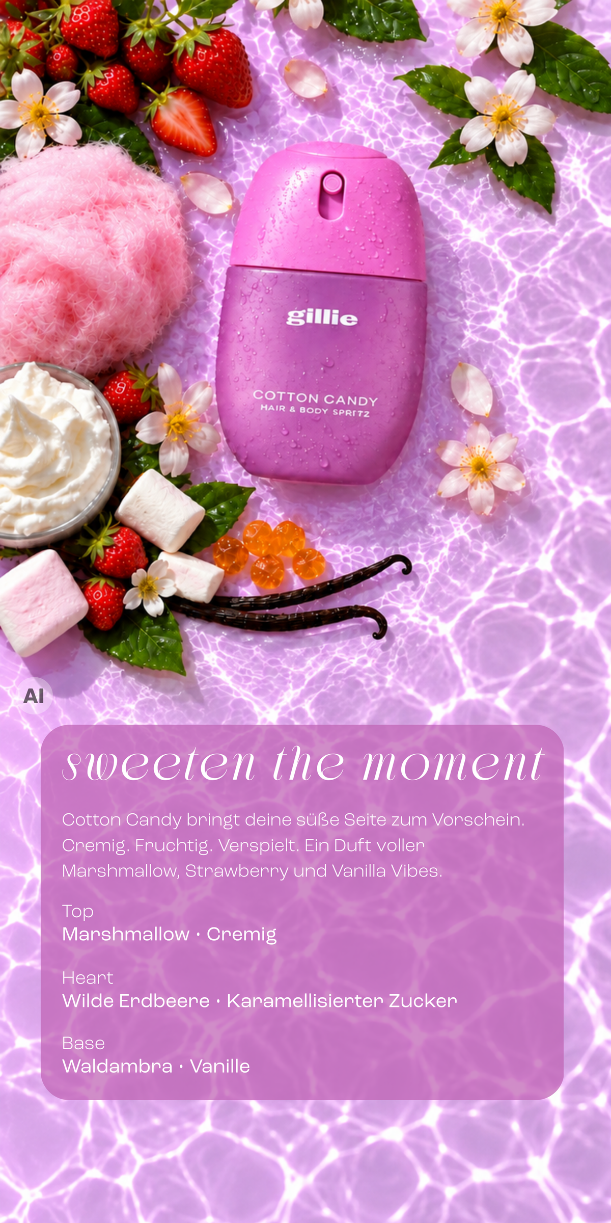 gillie Cotton Candy Hair & Body Spritz auf pinkem Wasser mit Erdbeeren, Marshmallows, Vanille, Sahne und Blüten.