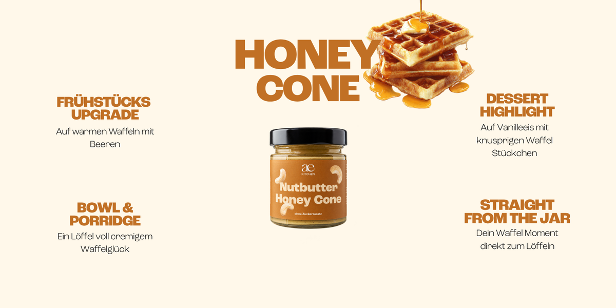 Grafik zur ae KITCHEN Nutbutter Honey Cone mit vier Verwendungsideen: als Topping für warme Waffeln, für Bowls und Porridge, als Highlight auf Vanilleeis oder direkt vom Löffel. Dekoriert mit goldbraunen Waffeln und fließendem Sirup.
