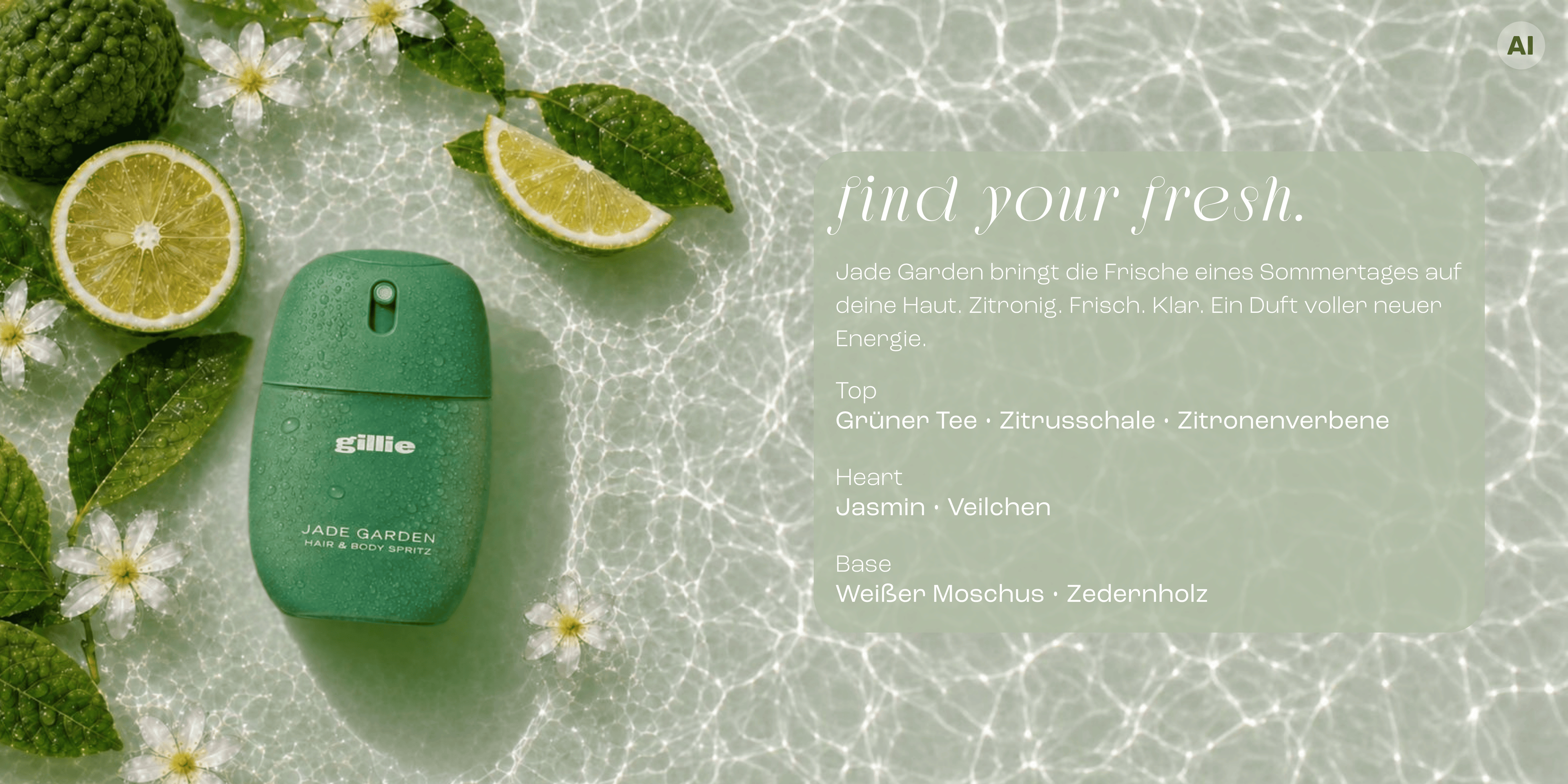 gillie Jade Garden Hair & Body Spritz mit Limette, Zitronenverbene und weißen Blüten auf schimmerndem Wasser mit Duftpyramide.