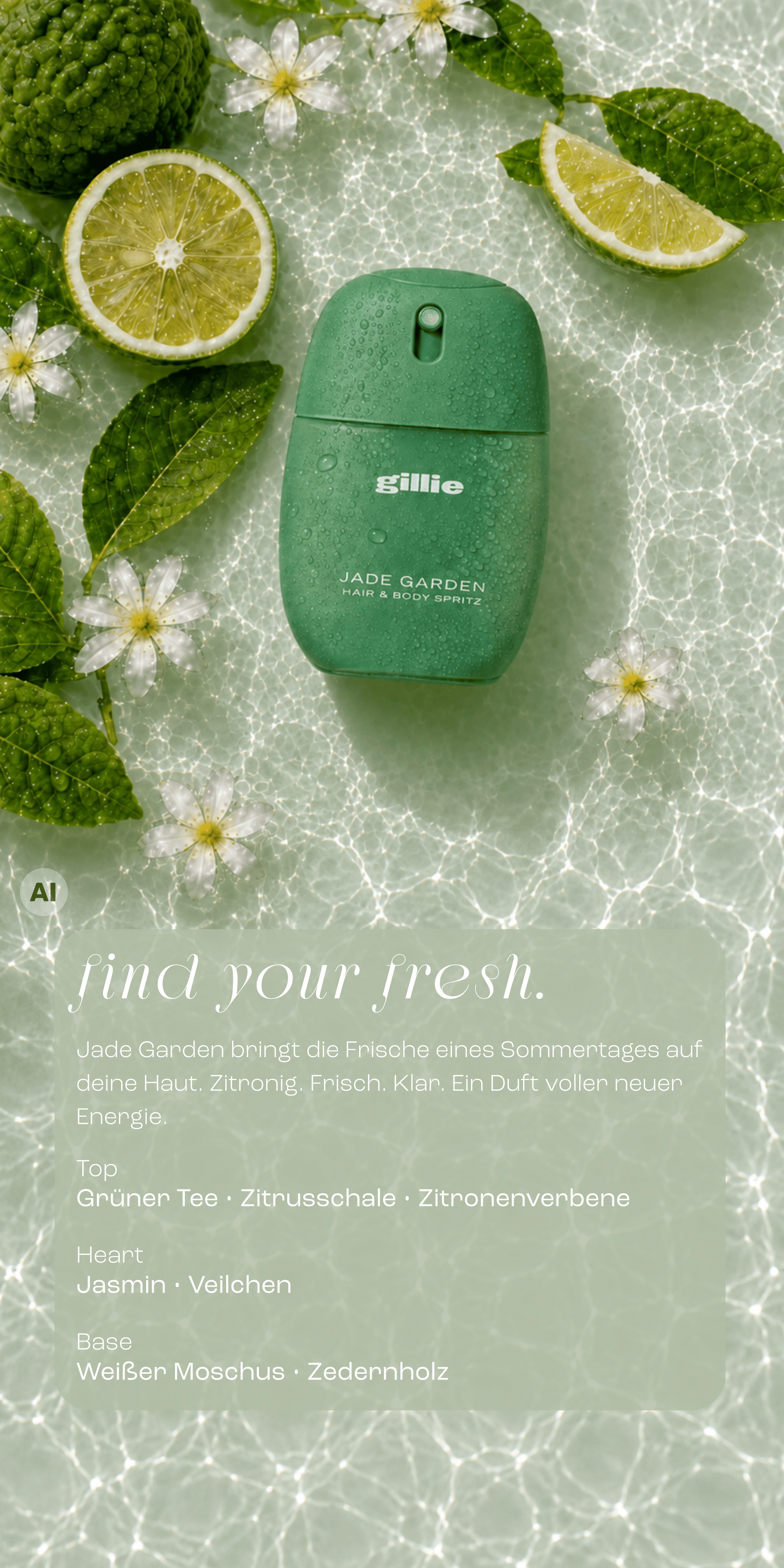 gillie Jade Garden Hair & Body Spritz mit Limette, Zitronenverbene und weißen Blüten auf schimmerndem Wasser mit Duftpyramide.