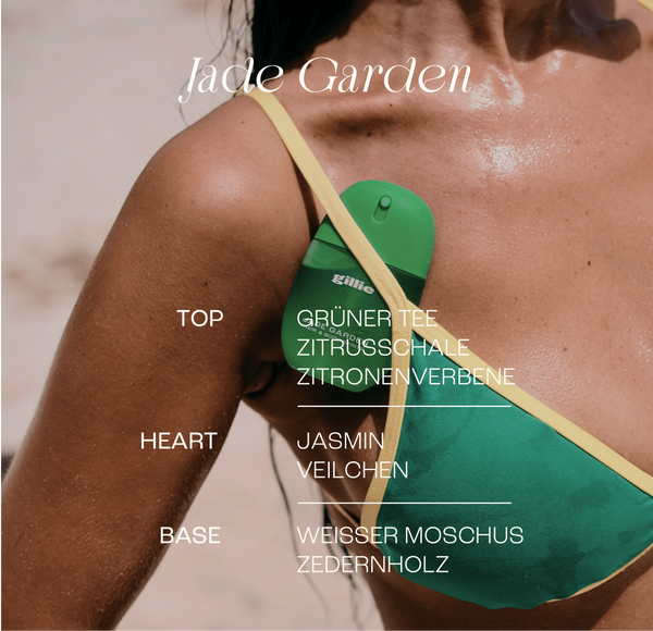 Model mit gillie Jade Garden Hair & Body Spritz und Übersicht der Duftnoten.