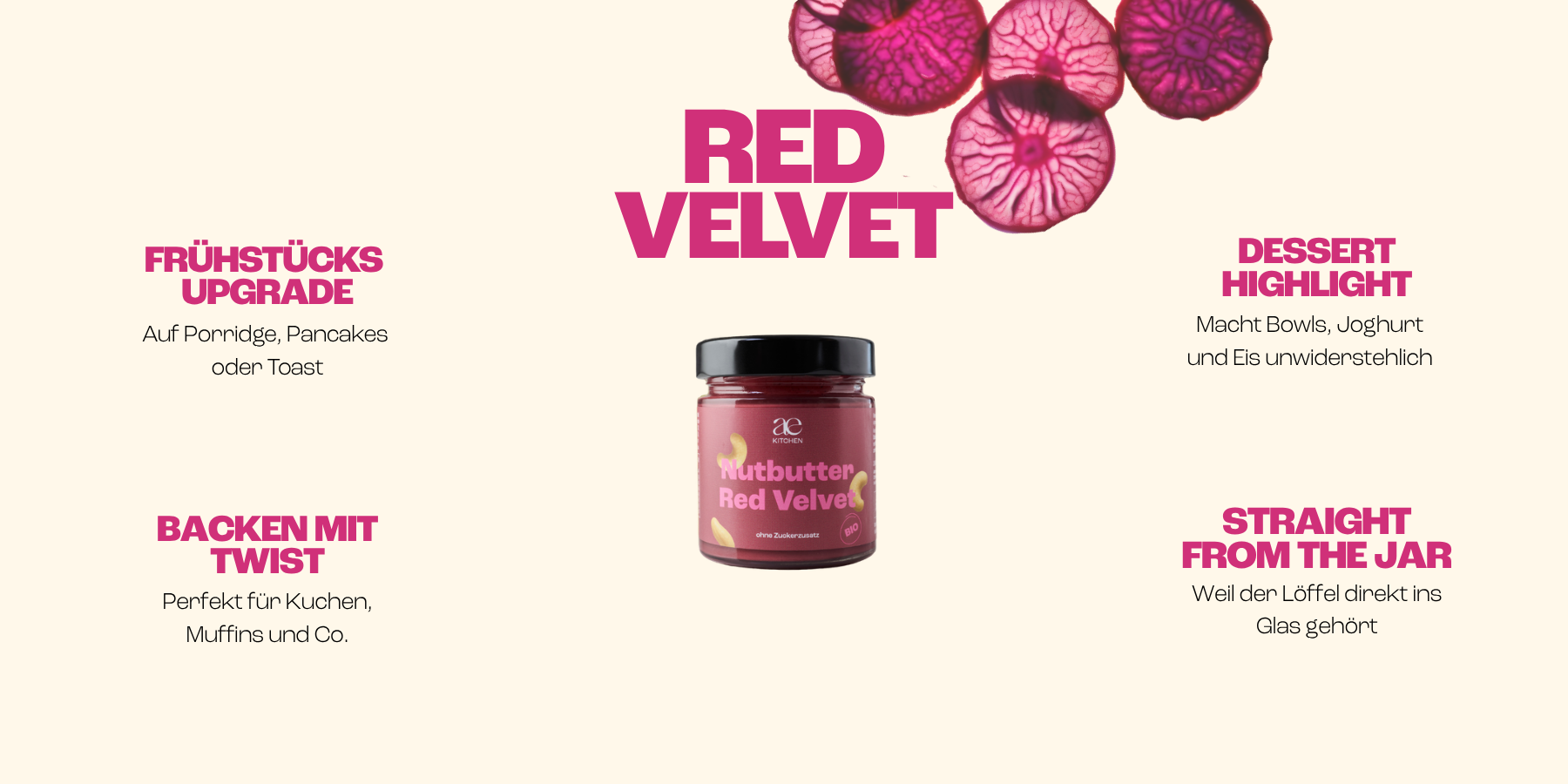 Benefit Banner Nutbutter Red Velvet von ae kitchen mit Verwendungstipps: Frühstücks-Upgrade, Backen mit Twist, Dessert Highlight und Straight from the Jar