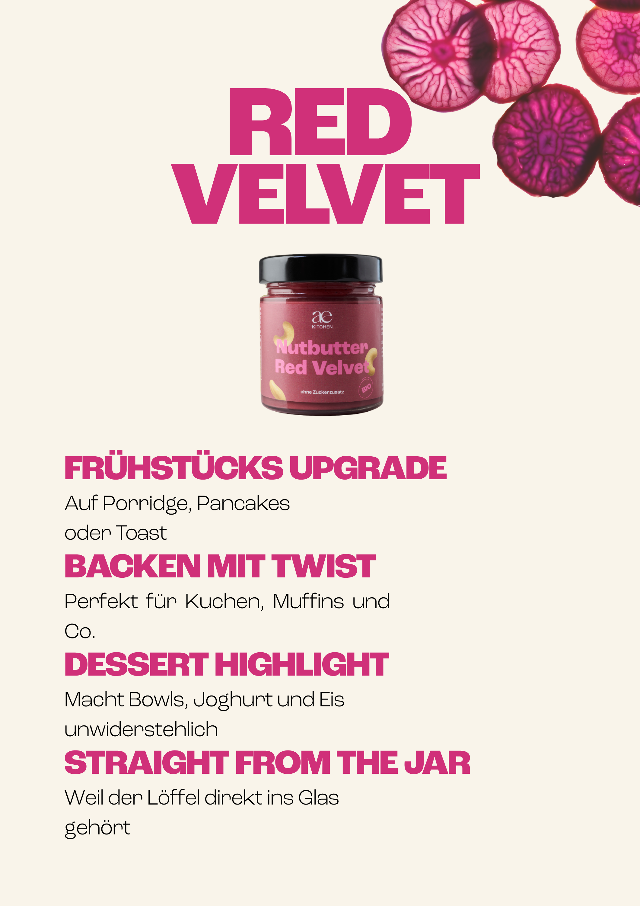 Benefit Banner Nutbutter Red Velvet von ae kitchen mit Verwendungstipps: Frühstücks-Upgrade, Backen mit Twist, Dessert Highlight und Straight from the Jar
